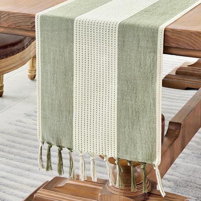 Wracra Linen Table Runner, Farmhouse Macrame Table Runners 108 Inches Long for Dining Table Decor, Wedding, Party and Dresser Decor (Sage Green,108")