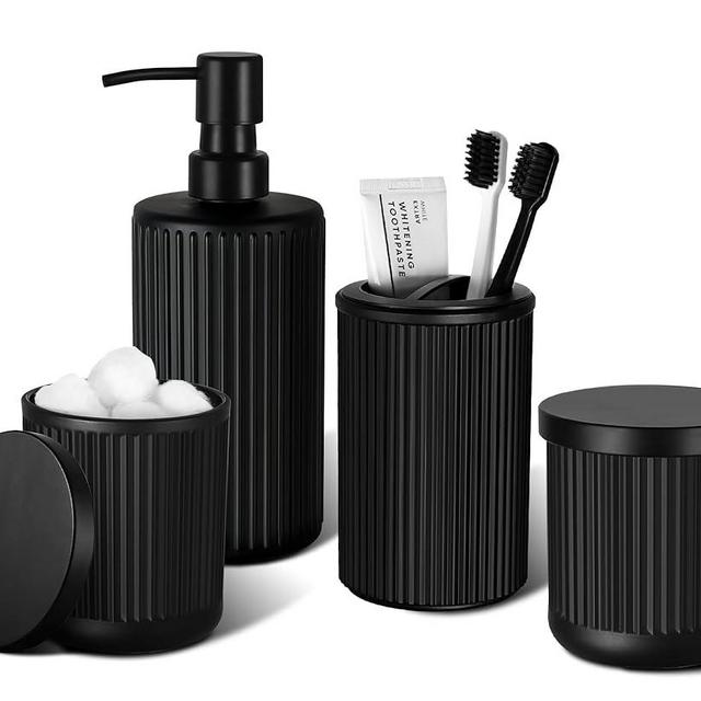 KASUNTING Matte Black Bathroom Accessories Set, 4 Pcs Glass Bathroom Accessory Set, Soap Dispenser, Toothbrush Holder, Qtip Holder Set, Bathroom Sets Complete, Bathroom Sink Set for Modern Home Decor