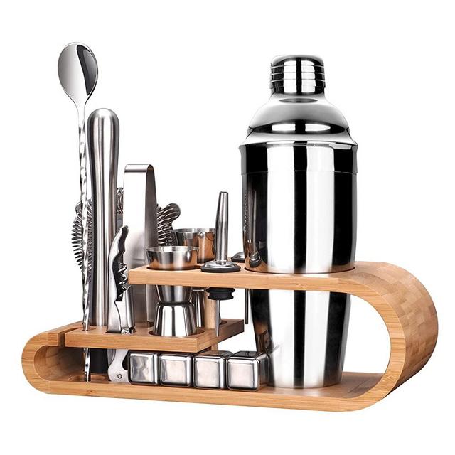 Cocktail Shaker Set, SuperCook Mixology Bartender Kit, Bar Accessories for The Home Bar Set, 25 OZ Martini Shaker, Muddler, Jigger, Strainer, Liquor Pourers, Whiskey Stones and Bamboo Stand