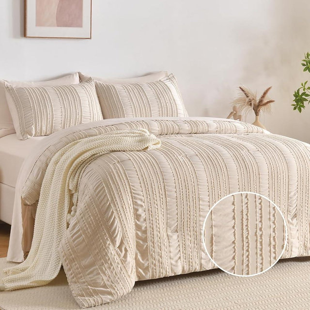 DHSFKBE Beige Tufted Comforter Set Queen Size 7 Piece Bed in a Bag，Shabby Chic Boho Bedding for Bedroom Comforter，All Season Soft Microfiber Ruffle Comforter Set with Pillow and Sheets