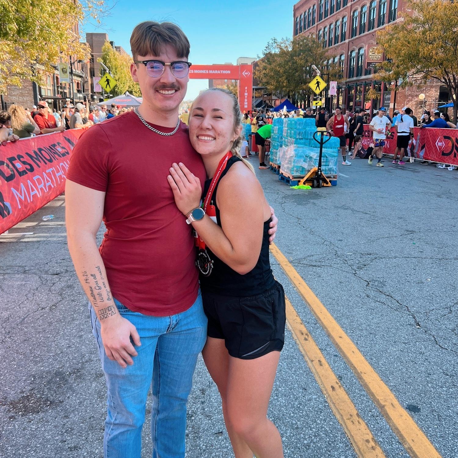 One of the first times the couple talked, Nick promised he'd be at the finish line of the Des Moines Marathon that Maggy was training for, and he kept his word!