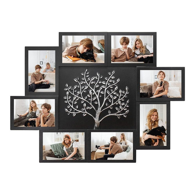 Jerry & Maggie Picture Frames Collage Wall Decor for Home, Family Tree Photo Frames for Wall, 4x6 Picture Frame Collage with Tree, Black with Silver Tree