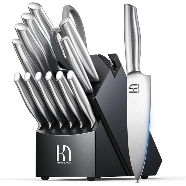 KnifeSaga Knife Set Premium, Japanese 14 Pcs Kitchen Knife Block Set Enduring Razor Sharp High Carbon Stainless Steel, Black Chef Knives Set with Built-in Sharpener and Quality Acacia Wood Block