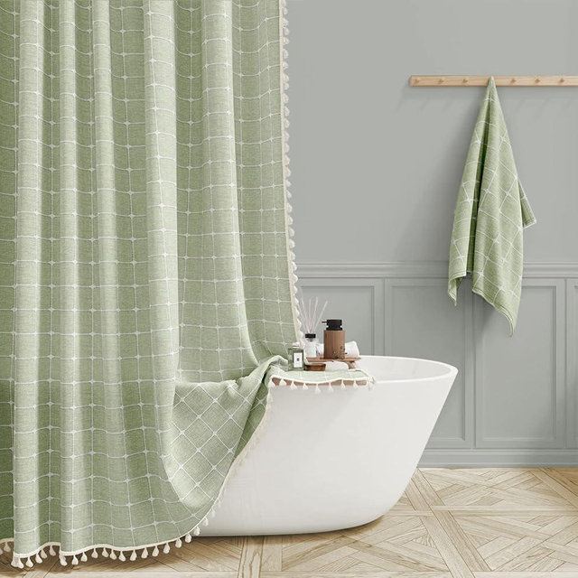 BTTN Stall Fabric Shower Curtain - 54 x 78 Inches Boho Linen Heavy Duty Tassel Shower Curtain Set with 10 Hooks, Narrow Rustic Modern Farmhouse Bohemian Thick Shower Curtains for Bathroom - Sage Green