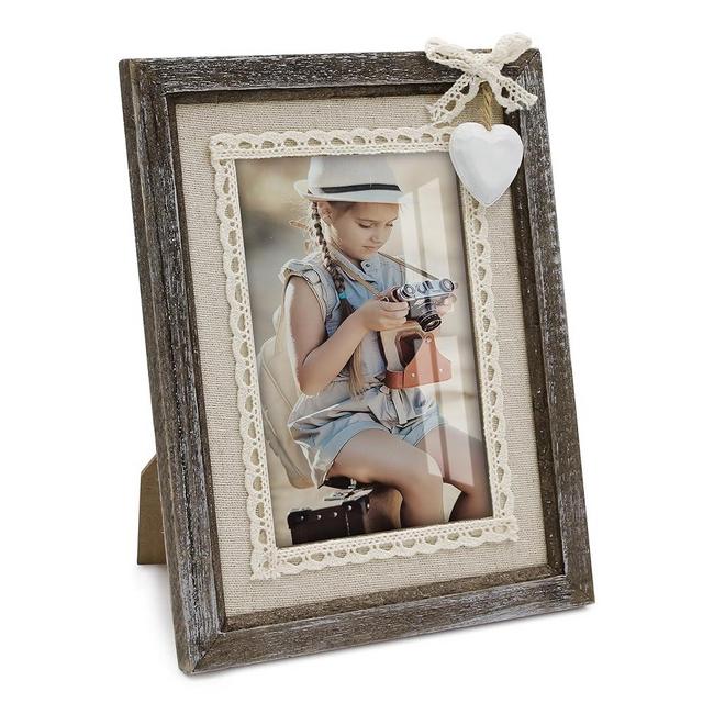 Sapowerntus 4x6 Rustic Picture Frames Wood Farmhouse Cute Heart Love Solid Wooden Photo Frame Lace Bow Glass Boho Wall Decor Hanging Tabletop Mother Grandma Family Kids Wedding Gift