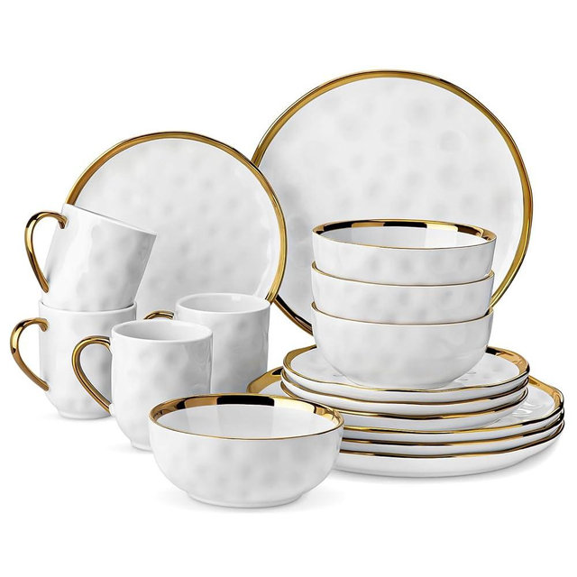 LOVECASA White and Gold Dinnerware Sets, Stoneware Dinner Set for 4, 16 Piece Kitchen Plates and Bowls Sets, Handmade Dishes Set with Gold Trim, Dishwasher Safe