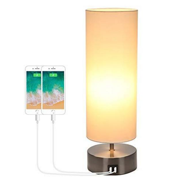 USB Bedside Touch Control Table Lamp 3 Way Dimmable & 3 Color Modes Desk Lamp with 2 USB Charging Ports, Boncoo Modern Nightstand Lamp Ambient Light Round Shade for Bedroom Office 6W LED Bulb Included