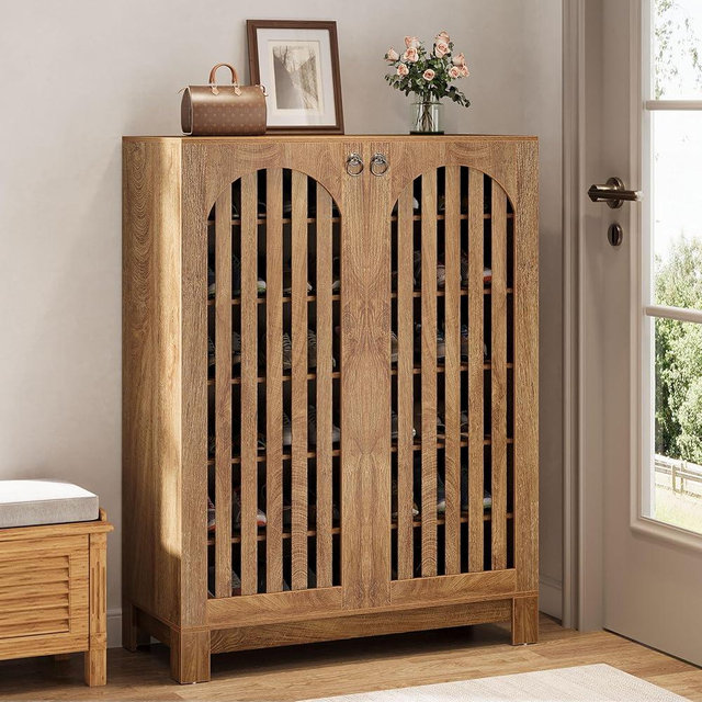 Tribesigns Shoe Cabinet with Airy Doors, 6-Tier Entryway Shoe Storage Rack Organizer with Adjustable Shelves for Living Room, Bedroom, Oak, Wooden