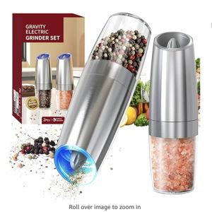 CIRCLE JOY Gravity Electric Salt and Pepper Grinder Set Stainless Steel Automatic Salt and Pepper Grinder Set, Battery Operated, LED Light, Adjustable Coarseness, for Home Kitchen BBQ, Silver