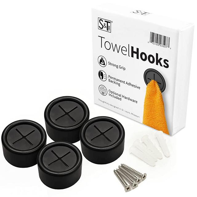 S&T INC. Round Adhesive Push Towel Hooks for Kitchen, Hand and Dish Towels, Matte Black, 4 Pack
