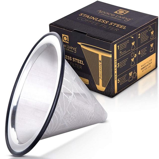 Apace Living Pour Over Coffee Filter - Wide Metal Base Reusable Stainless Steel Coffee Dripper - Perfect for Chemex Hario Bodum & Other Coffee Makers - Paperless Coffee Filter for Sustainable Brewing