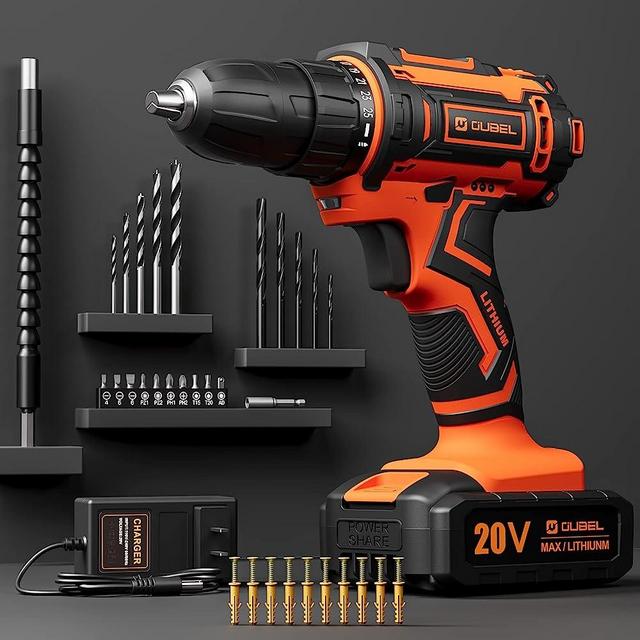 Drill Set, OUBEL 20V MAX Cordless Drill with Lithium-ion Battery 2.0Ah & Fast Charger, Power Drill 3/8-Inch Keyless Chuck, 2 Variable Speed, 25+1 Position, 42pcs Drill Bits/Screws for DIY