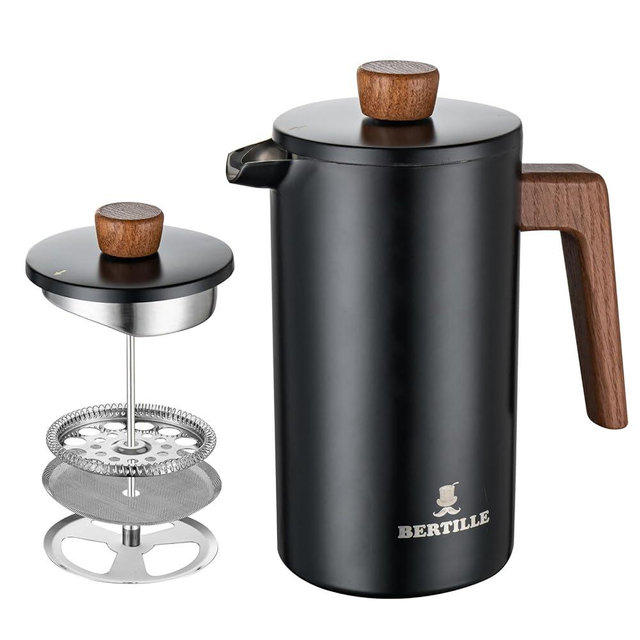 BERTILLE french press coffee maker, 34OZ 304 food stainless steel French press coffee maker with solid wood handle, double-layer insulation and 3-layer filtration system (black)