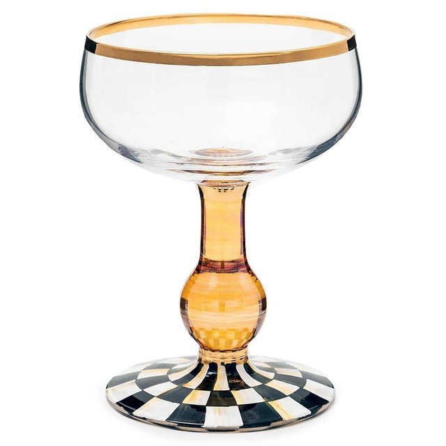 MACKENZIE-CHILDS Coupe Glass, Decorative Stemmed Cocktail Glass, 11 Ounces, Black-and-White Courtly Check