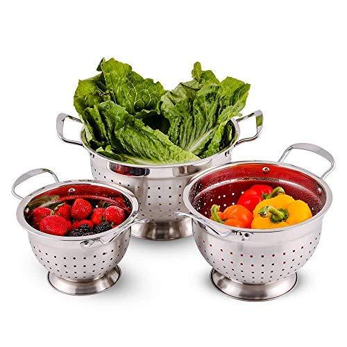 OVENTE Stainless Steel Colander 3 Pieces Kitchen Set with 1.5, 3, and 5 Quarts, Mulit Purpose Use for Flour Sifter, Pasta Straining, Draining Vegetables and Fruits and More, Silver (C46263S)