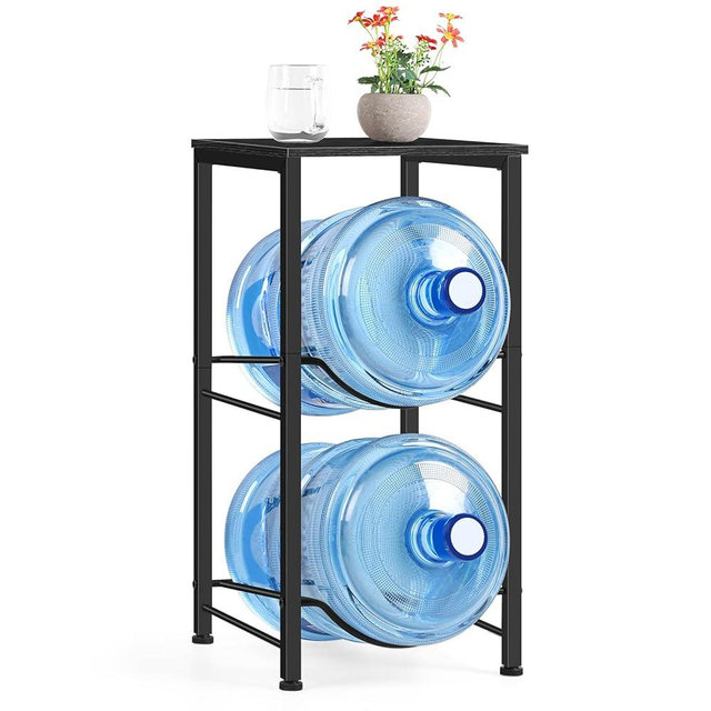Water Jug Holder 5 Gallon Water Bottle Holder With Top Shelve 2 Tier Water Cooler Storage Rack Heavy Duty Water Dispenser Stand for Kitchen Living Room Office Black
