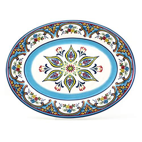 EuroCeramica YS-ZB-1014 Zanzibar Oval Platter, Lightweight Durable Servingware, 18-Inch, Spanish Floral Design, Fall Decor, Multicolor Blue