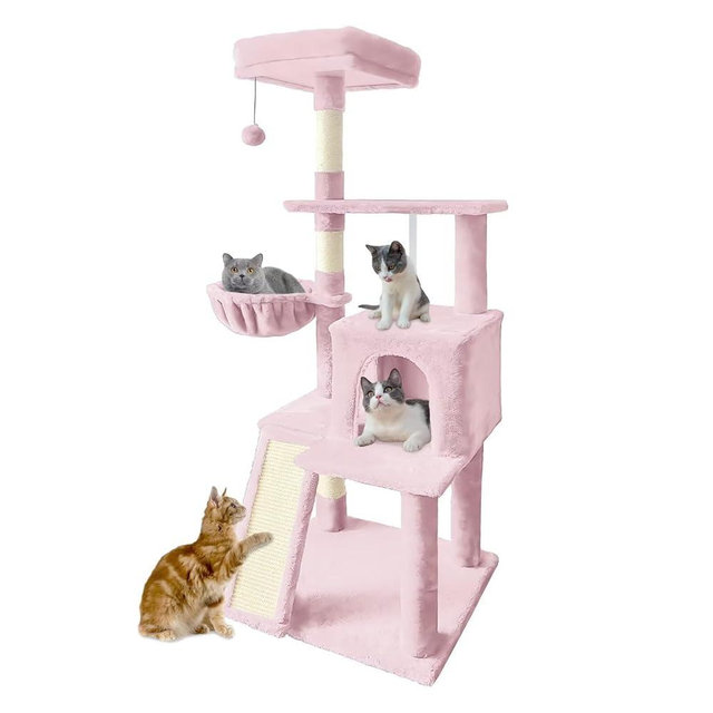 Pempet 57" Cat Tree Tower for Indoor Cats, Multi-Level Cat Tower Condo with Sisal Scratching Post (Pink)