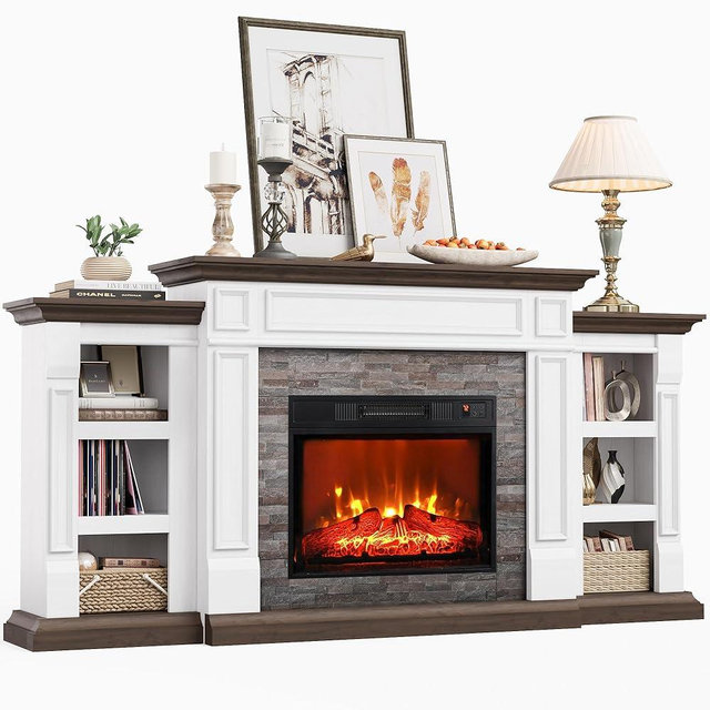 Naice 72" Electric Fireplace with Mantel and Cabinets, Fireplace TV Stand for Living Room Bedroom, Stacked Stone Surround and Remote Control 3D Realistic Flame