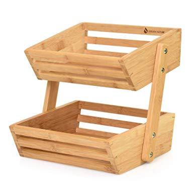 Golden Nature Bamboo Fruit Basket – 2 Tier Fruit and Vegetable Storage Stand for Kitchen Countertop – Solid Design and Breathable Structure – Perfect for Produce, Bread, Home Storage and Display