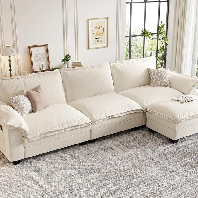 KKL Modular Sectional Sofa, Large L Shape 3 Seater Modern Sectional Couch with Ottoman, Couches for Living Room, Cloud Couches Chenille for Apartment, Home Beige