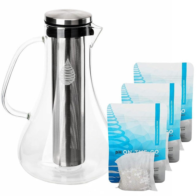 Invigorated Water pH Replenish Glass Alkaline Filtration Bundle – 1.8L Borosilicate Glass Pitcher + 4 pH On-The-Go Alkaline Filter Pouch – High pH Purifier for Crisp, Clean Drinking Water