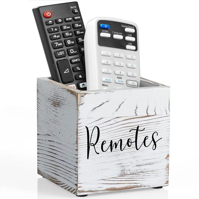 DRASTAR Remote Holder,TV Remote Control Holder, Retro White Remote Caddy, Mini Remote Organizer for Table,Small Wooden Remote Box for Home Decor