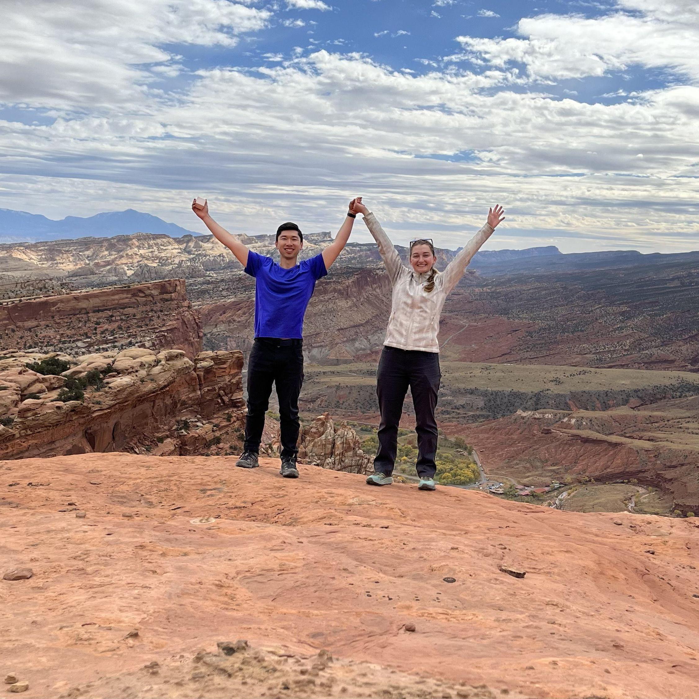 Celebrating after the big proposal in Capitol Reef National Park, 2021