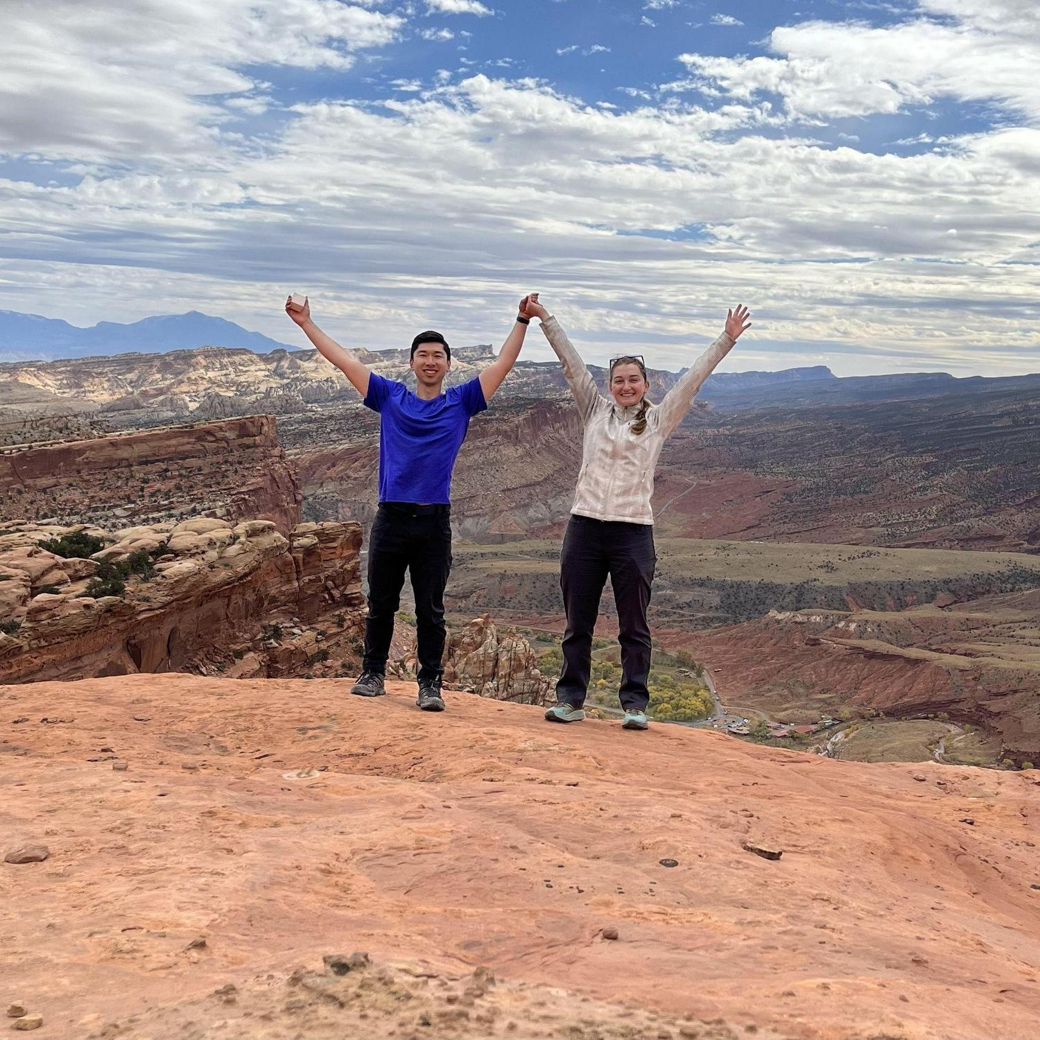 Celebrating after the big proposal in Capitol Reef National Park, 2021