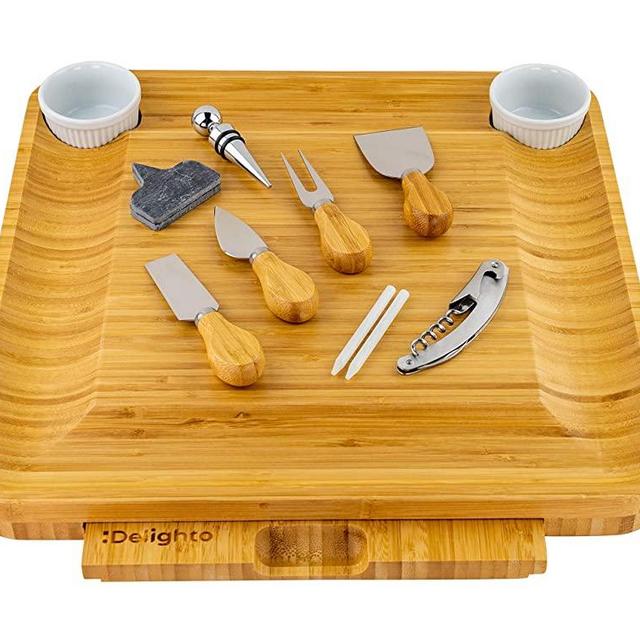 Delighto 12-Piece Cheese Board and Knife Set - 15.5 x 15.5 Inch Large Bamboo Charcuterie Board