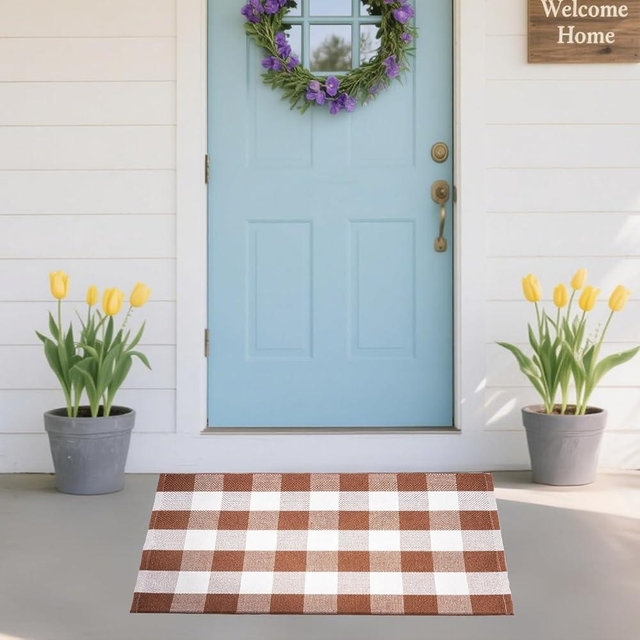 Buffalo Plaid Area Rug - 27.5x43 Inches, Brown and White Checkered, Washable Cotton, Ideal for Front Porch, Kitchen, Entryway, Patio, Bathroom