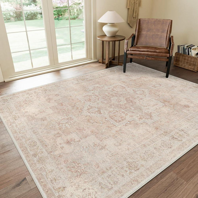 GENIMO 8x10 Area Rugs for Living Room, Machine Washable Non Slip Vintage Rugs, Low Pile Lightweight Chenille Print Rug for Bedroom, Dining Room, Home Office, Light Pink