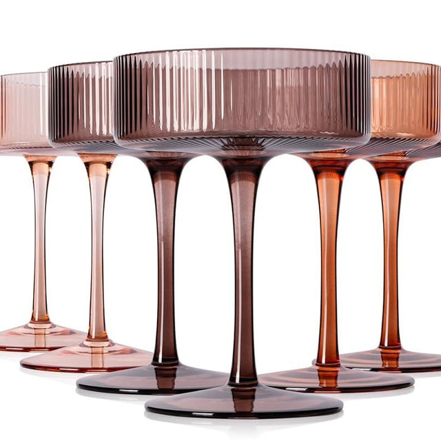 Cyrelwing 9 oz Brown Coupe glasses Set of 6-Hand Blown Venus ribbed vintage coupe glasses-Brown martini glasses for espresso dessert