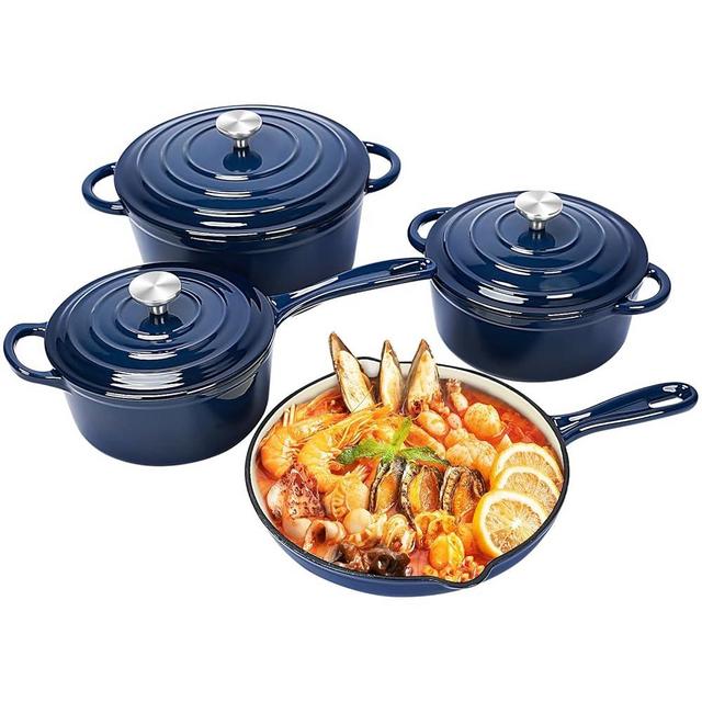 QuliMetal Nonstick Enameled Cast Iron Cookware Set, Frying Pan Skillet- 7-Pcs Pots and Pans with Lid, Healthy Round Dutch Oven Pot for Sourdough Bread Baking, Oven Safe up to 500° F or on All Stovetop