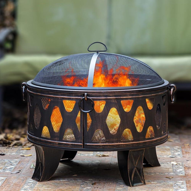 Breezz 26 Inch Wood Burning Fire Pit with Cooking Grill and Spark Screen, Outdoor Metal Round Firepit for Patio, Backyard, Bonfire Party, Camping and Garden