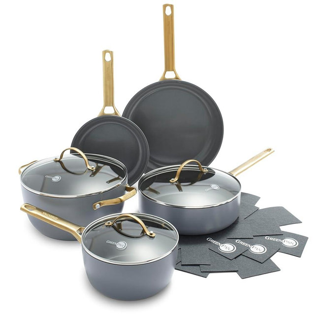 GreenPan Reserve Hard Anodized Healthy Cermaic Nonstick 12 Piece Cookware Pots and Pans Set, Gold Handles, PFAS-Free, Dishwasher Safe, Charcoal