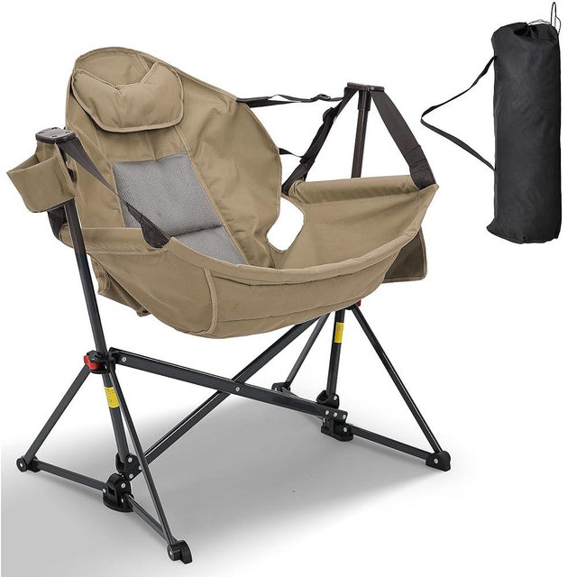 Ainfox Hammock Camping Chair, Foldable Portable Rocking Chairs for Adults Outside Swinging Camp with Cup Holder Pillow for Outdoor Patio Poolside (Brown)