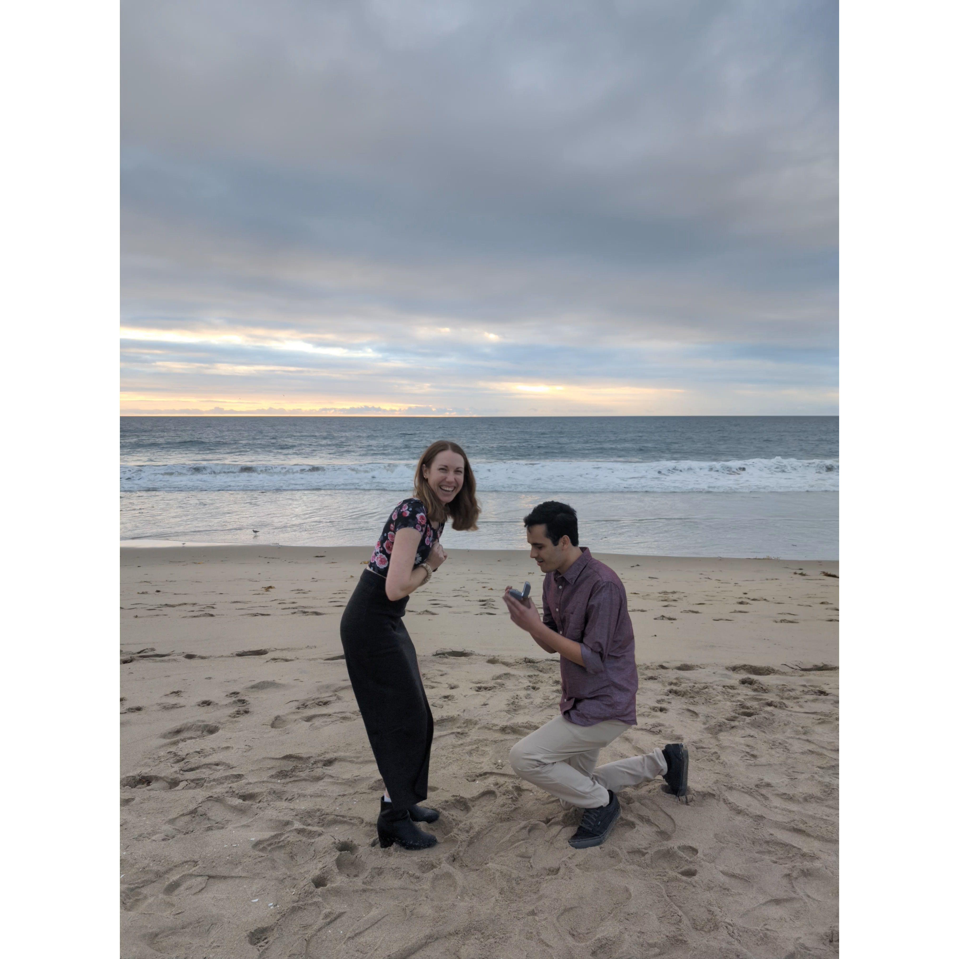 Jonathan popping the question at Manhattan Beach after asking friends Madi & Jake to take our photo! (November 2023)