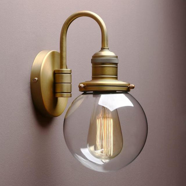Yosoan Vintage Industrial Fixture Light, Round Clear Glass Globe Shade with with Elegant Gooseneck Curved Rod Wall Sconce for Bathroom,Bedroom, Corridor, Coffee Shop, Office(Antique)