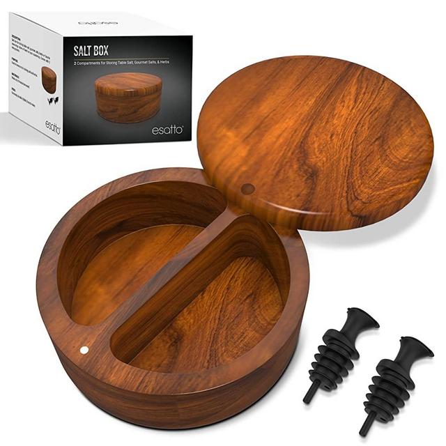 Esatto Round Acacia Wooden Salt and Spice Box, Magnetic Swivel Lid For Easy Storage or Retrieval, Salt Pepper or Spice Storage Box, With Two Working Compartments, 2 Wine Pourers Included