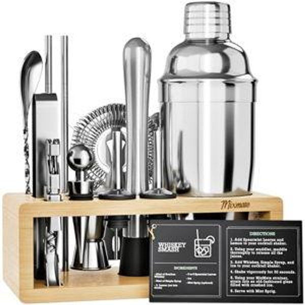 Mixology Bartender Kit with Stand - 15 Piece Bar Tool Set (Natural)