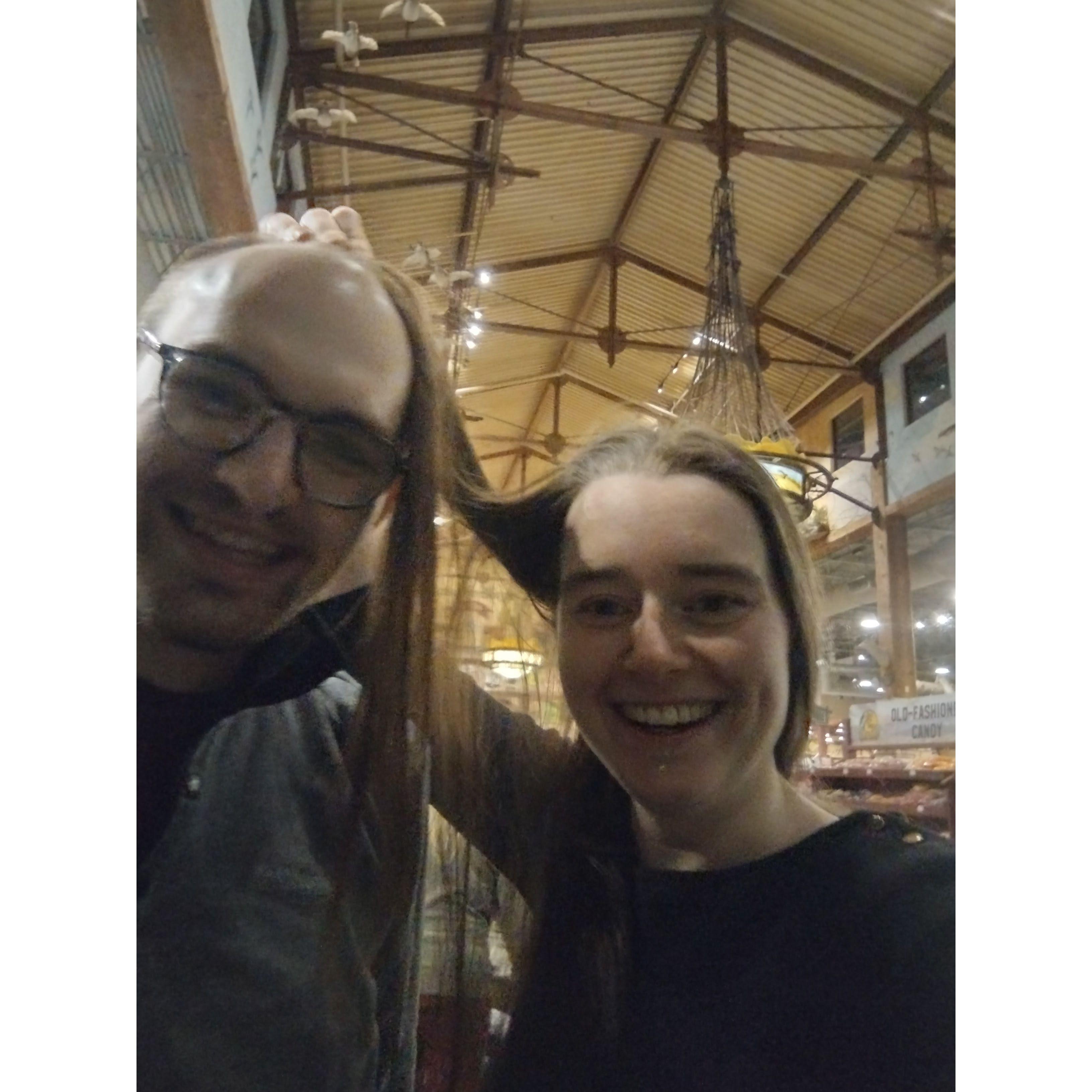 Gordon regularly suggests that he should grow out a single lock of his hair. I have strong objections.  This photo is us using my hair to test out his proposed look. --Allison