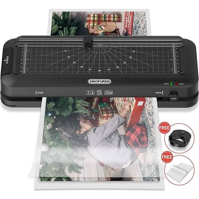 Laminator Machine, Sinopuren Thermal Laminator, Personal 3-in-1 A4 Desktop Laminating Machine Built-in Paper Trimmer Punch and Corner Rounder with 10 Pouches Sheets for Home Office School - Black