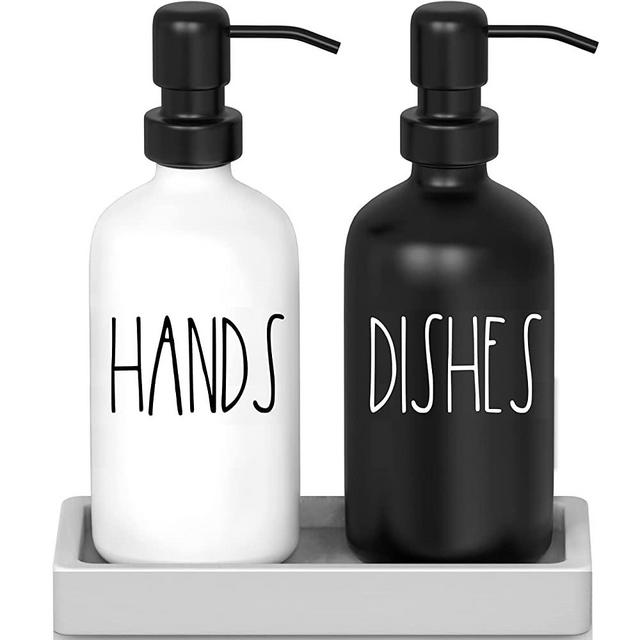 Luxurious Glass Kitchen Soap Dispenser Set with Tray by Brighter Barns - Hand and Dish Soap Dispenser for Kitchen Sink - Farmhouse Soap Dispenser - Modern Farmhouse Kitchen Decor (Black & White)
