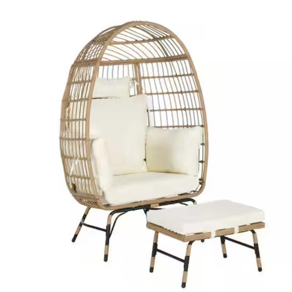 Unbranded 2-Pieces Oversized Wicker Patio Swing Egg Chair with Ottoman Light Beige Cushion Indoor Outdoor Large Rattan Egg Chair XSP264667-Be