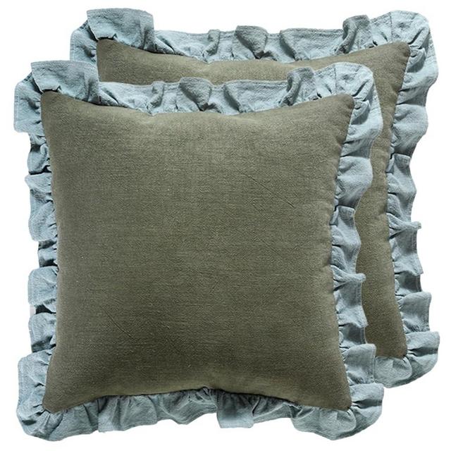 patdrea Green Decorative Throw Pillow Covers 18x18 Set of 2, Farmhouse Linen Pillow Covers with Ruffles, Square Sturdy Throw Pillow Case for Couch Sofa Bed Living Room
