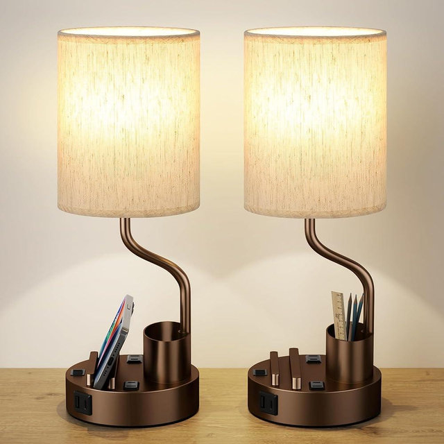 Bedside Table Lamps for Bedroom Set of 2 - Nightstand Lamp with AC Outlet Charging Port and USB A C, 3 Color Temperatures, Included Phone Holder & Pen Holder, Brown Night Stand Lamps for Guest Room