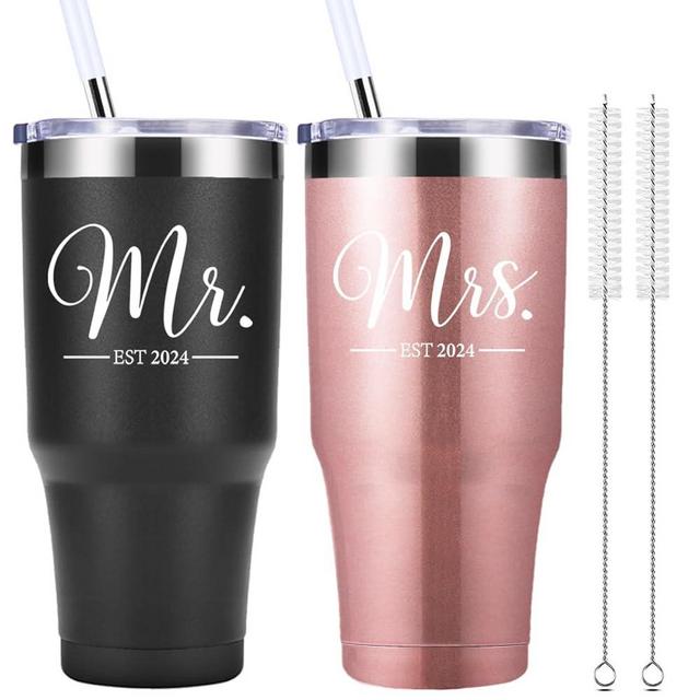 momocici Mr and Mrs Est 2024 30 OZ Tumbler.Engagement Wedding Wife Husband Bride Groom Couple Gifts.Newlyweds Anniversary Bride To Be Newly Engaged Bridal Shower Gifts.(Black&Rose Gold)