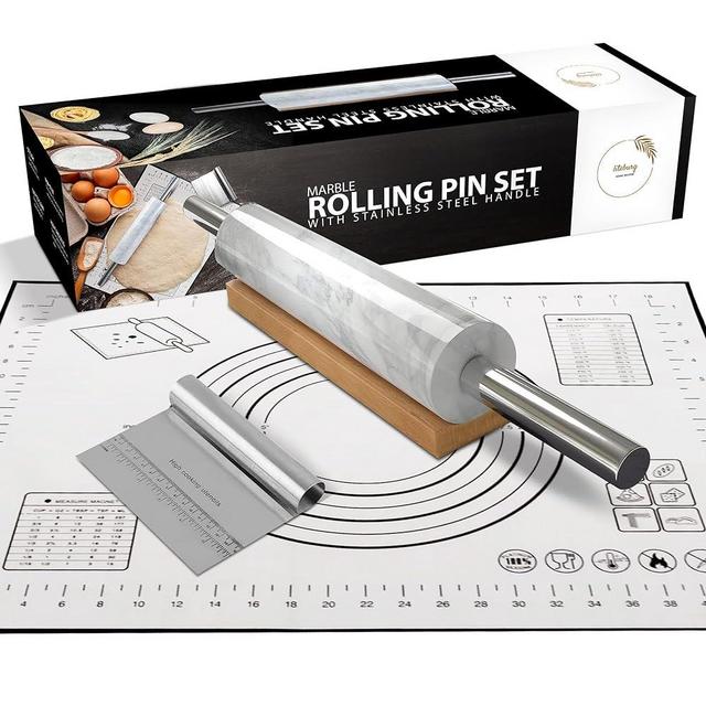LITEBURG Professional Marble Rolling Pin for Dough - Solid Precise Pizza Dough Roller Marble Rolling Pin for Baking including Silicone Baking Mat, Steel Dough Scraper, Wooden Cradle - Gift for Bakers