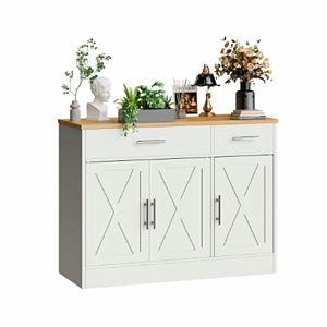 Walsunny Kitchen Sideboard Cabinet with Adjustable Shelf, Wooden Storage Cabinet with 3 Doors and 2 Drawers, Modern Farmhouse Style Coffee Bar Furniture with Storage for Kitchen/Living Room, White